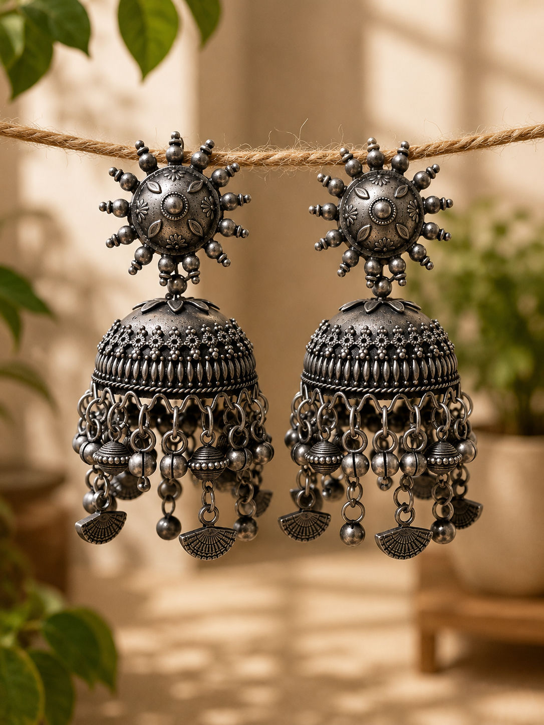 Oxidized Silver Sunburst Tribal Jhumka Earrings for Women