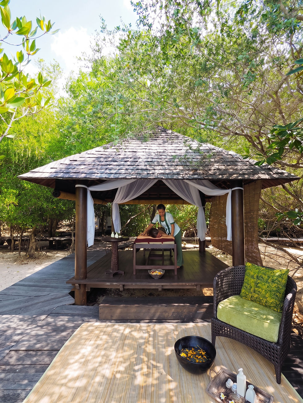Open-air wooden spa gazebo with a thatched roof and white sheer curtains where a therapist gives a massage, surrounded by trees and wellness amenities.