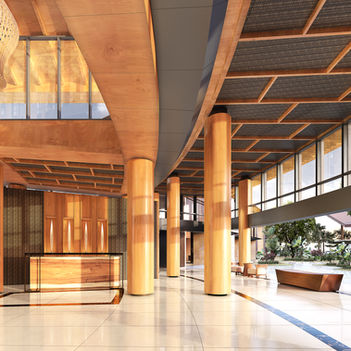 A bright, sunlit resort reception hall featuring a minimalist wooden front desk, large structural timber columns, polished white tile floors, and a stunning view of outdoor gardens.