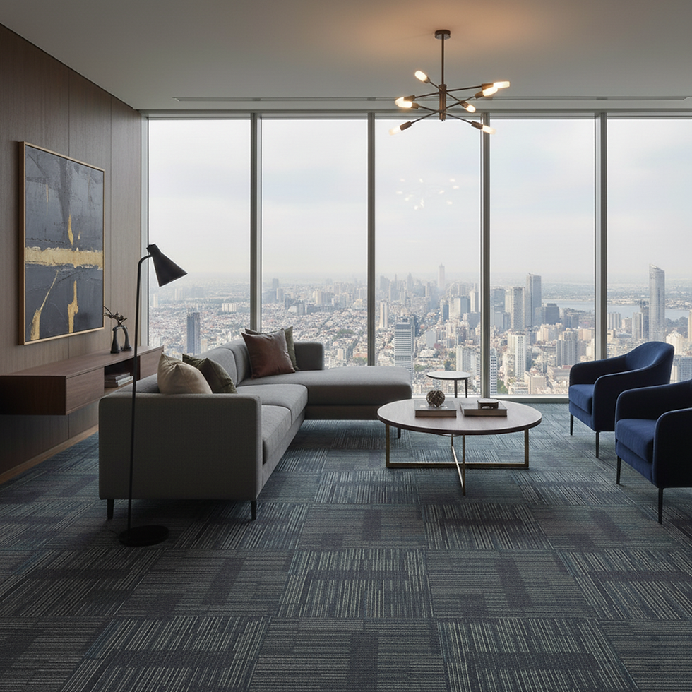 Thumbnail: Modern executive office interior featuring Aphrodite 05 dark blue carpet tile installed