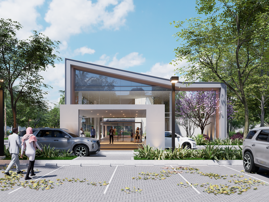 Modern commercial marketing gallery building with geometric façade in Serpong