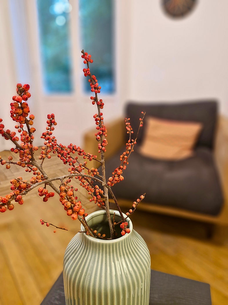 Rote Beeren in einer Vase vor einem Sessel
