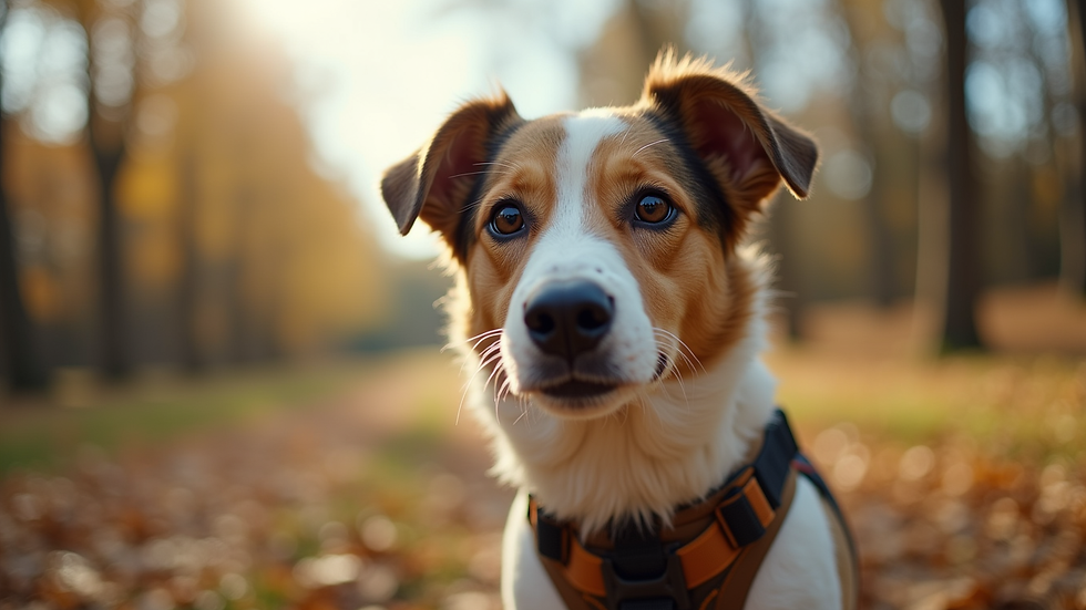 Eye-level view of a dog wearing a stylish outdoor harness