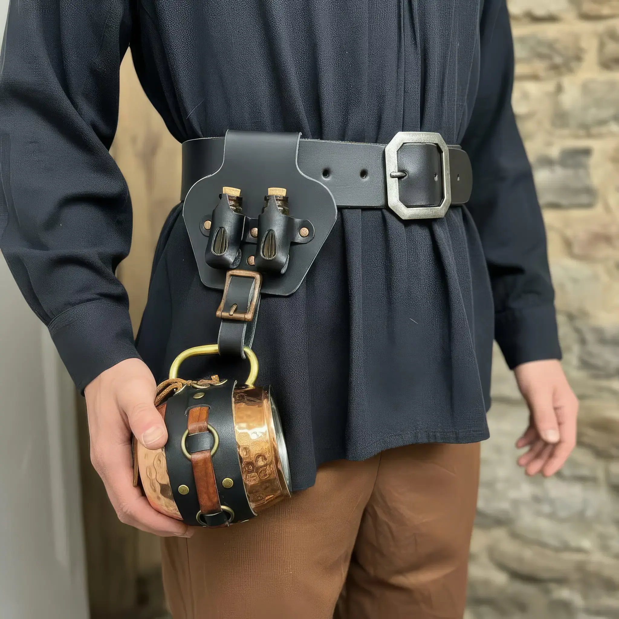 Leather Potion and Tankard Holster with 2 Glass Bottles: Renaissance Steampunk C