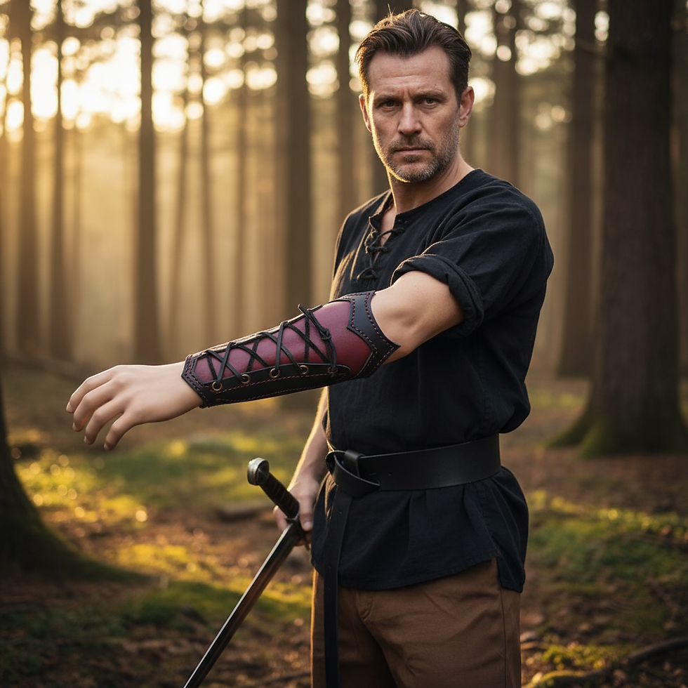 Close-up view of handcrafted leather gauntlets on display