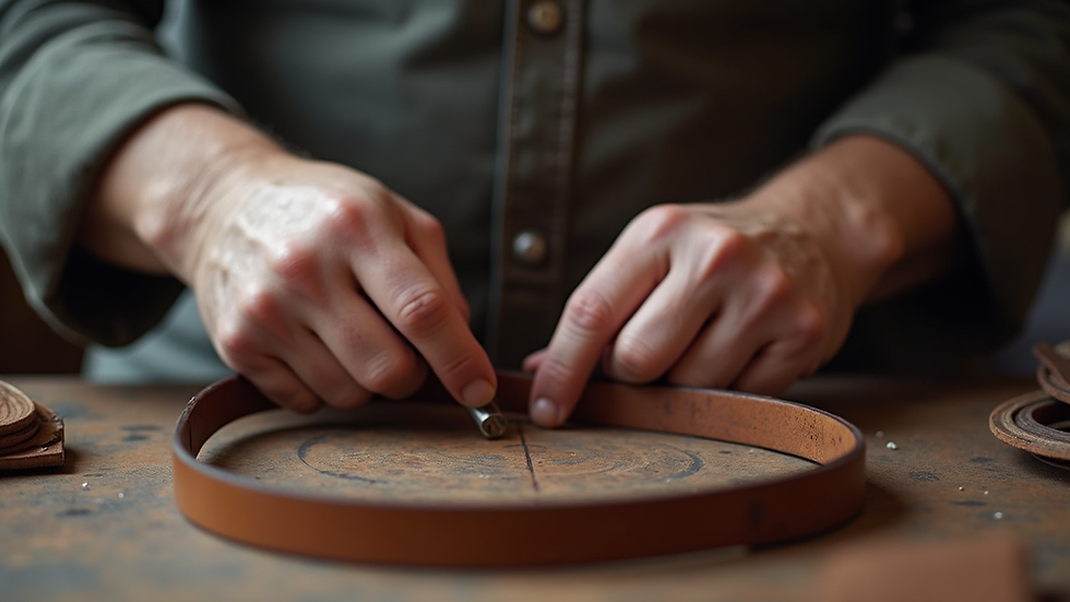 Close-up view of a leatherworker’s hands tooling a leather belt