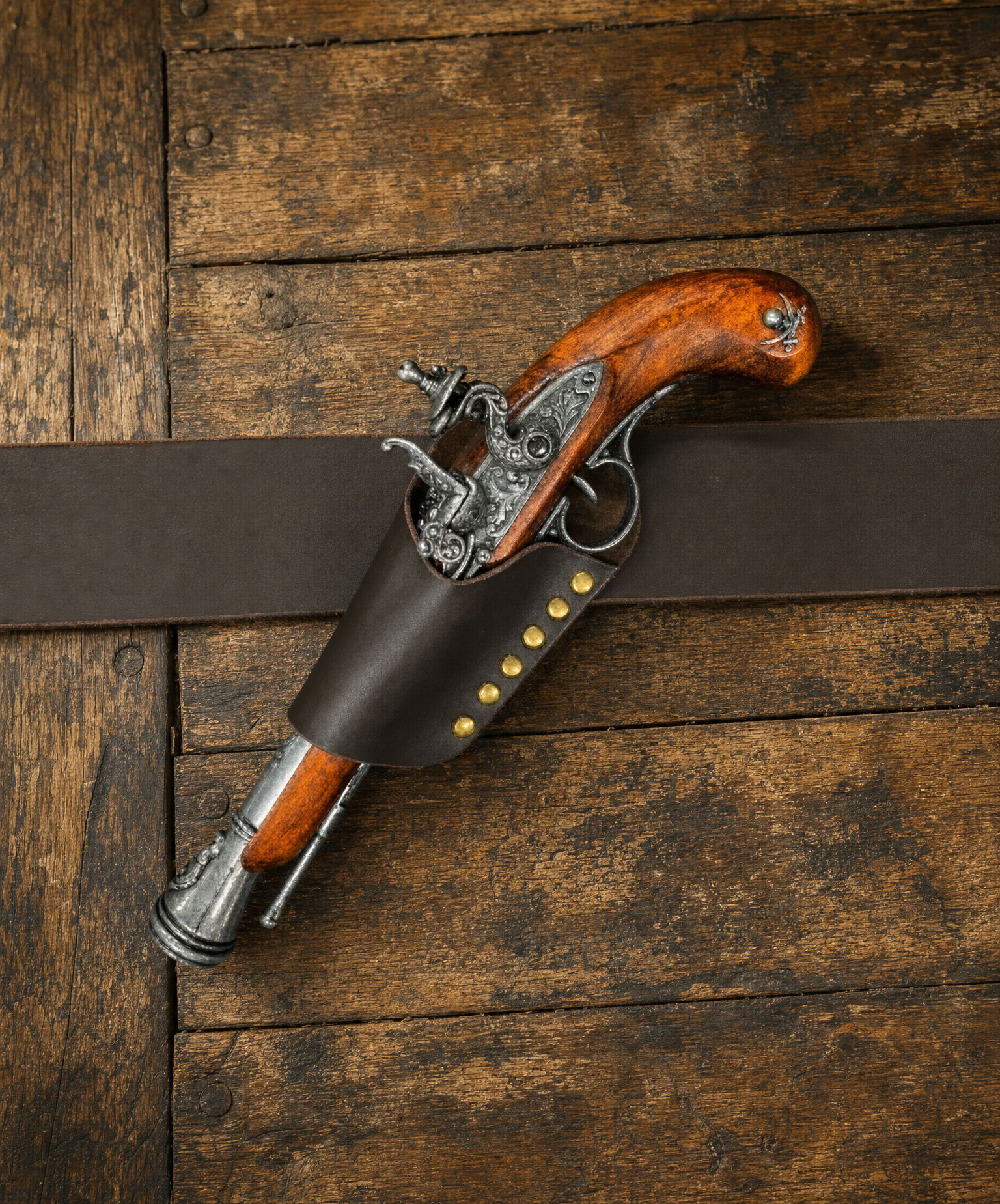 Close-up view of handcrafted leather belt holster with detailed stitching