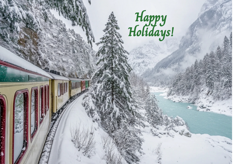 Railroad Christmas Holiday cards passenger cars along river