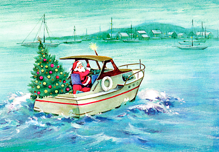 Santa in boat with Christmas tree greeting cards