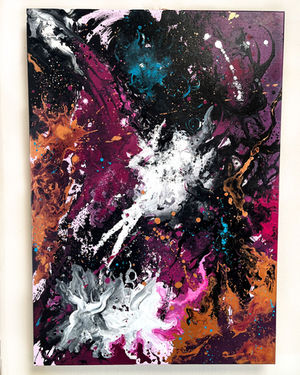 Abstract painting of the Big Bang in magenta, white, black, burned orange and blue. 