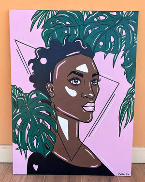 Raspberry. A painting of a black women on a pink background with monstera deliciosa leafs. 