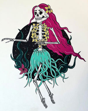 Hula girl skeleton with bright pink hair on a wall.