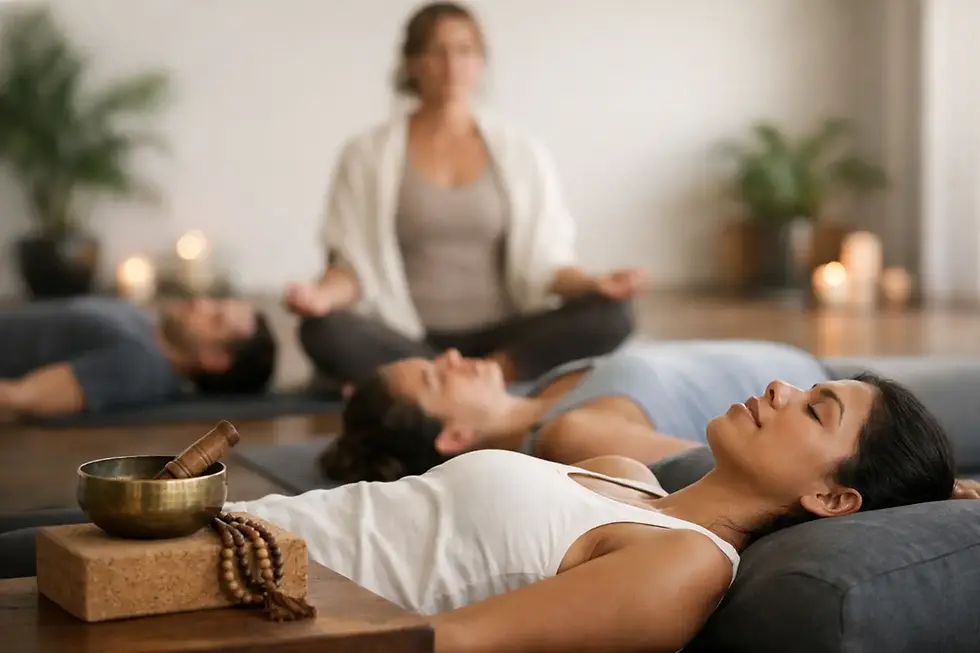 Teacher guiding Yoga Nidra after taking a Yoga Nidra Certification training.