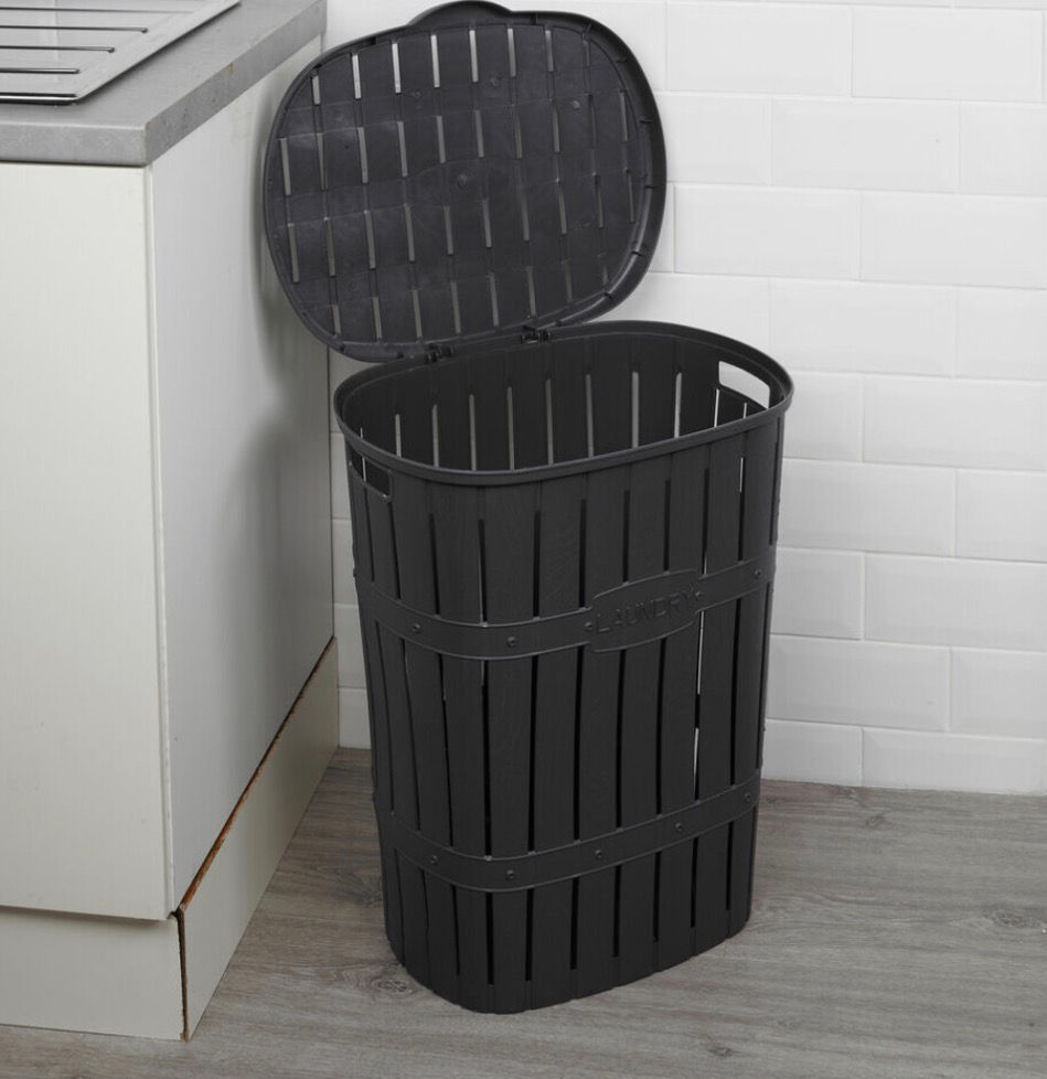 Thumbnail: 65L Plastic Bamboo Style Laundry Basket & Open Lid