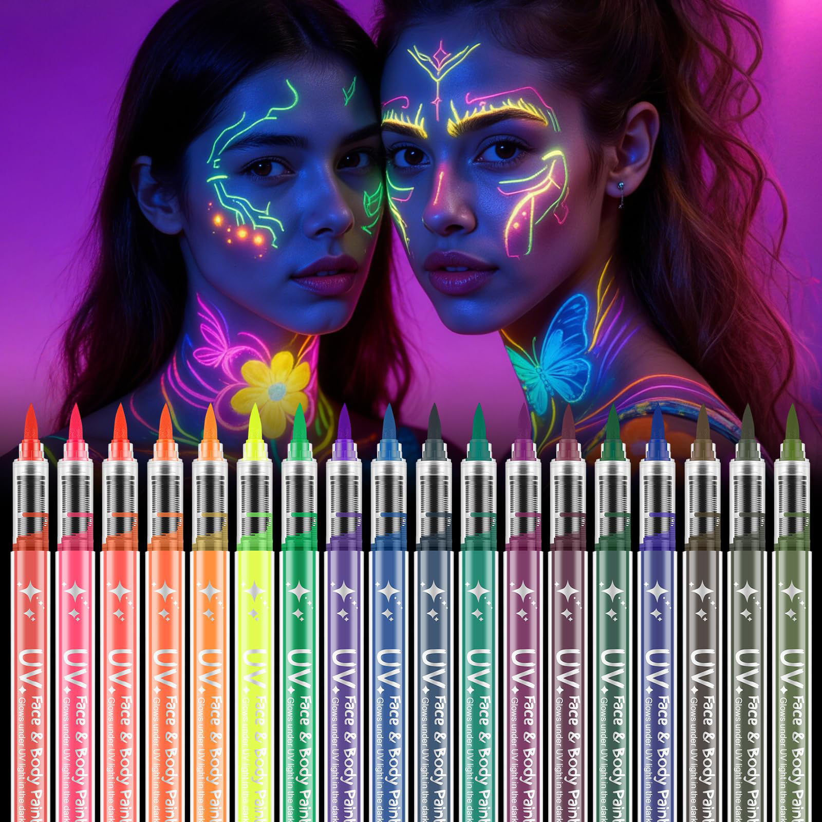 18 Colour UV Neon Glow Face & Body Paint Pens