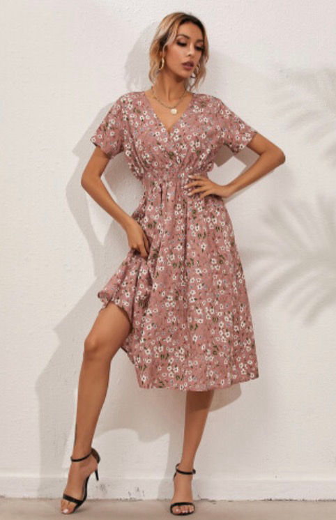 Women’s Floral Wrap Midi Dress | Casual V-Neck Short Sleeve Summer Dress - Pink