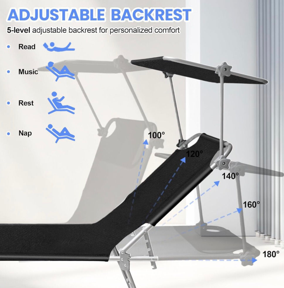 Thumbnail: Folding Sun Lounger with Sunshade - Black 
