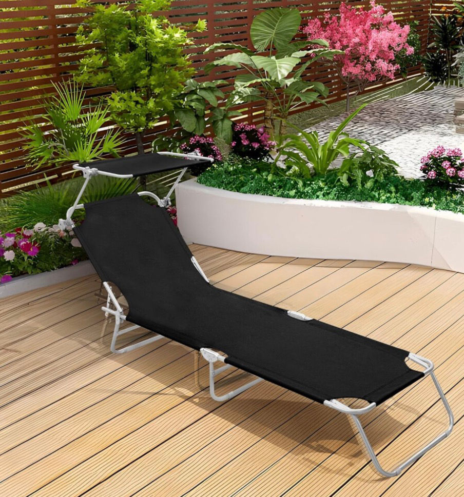 Folding Sun Lounger with Sunshade - Black