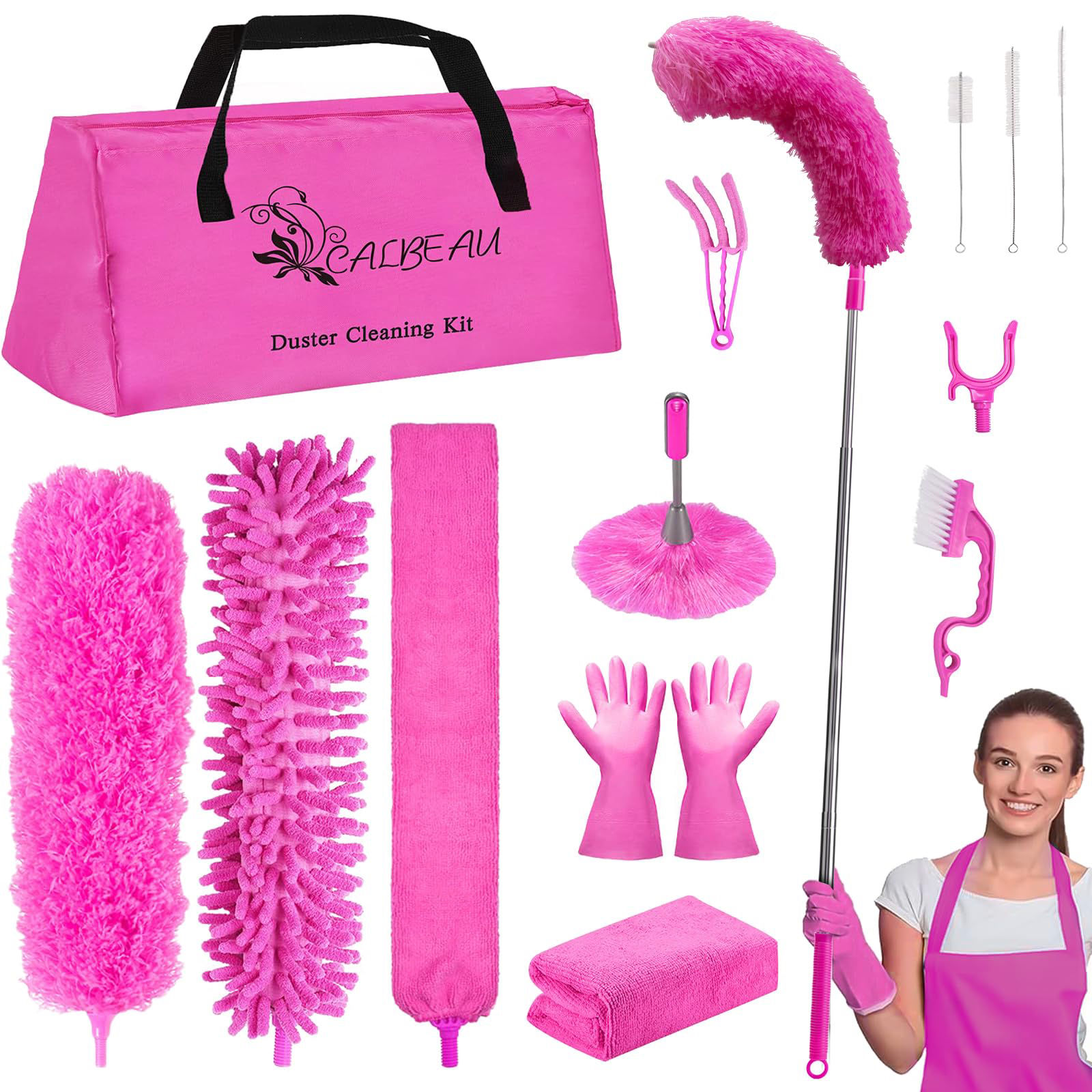 15 Piece Microfibre Feather Duster Cleaning Kit with Extendable Pole - Pink