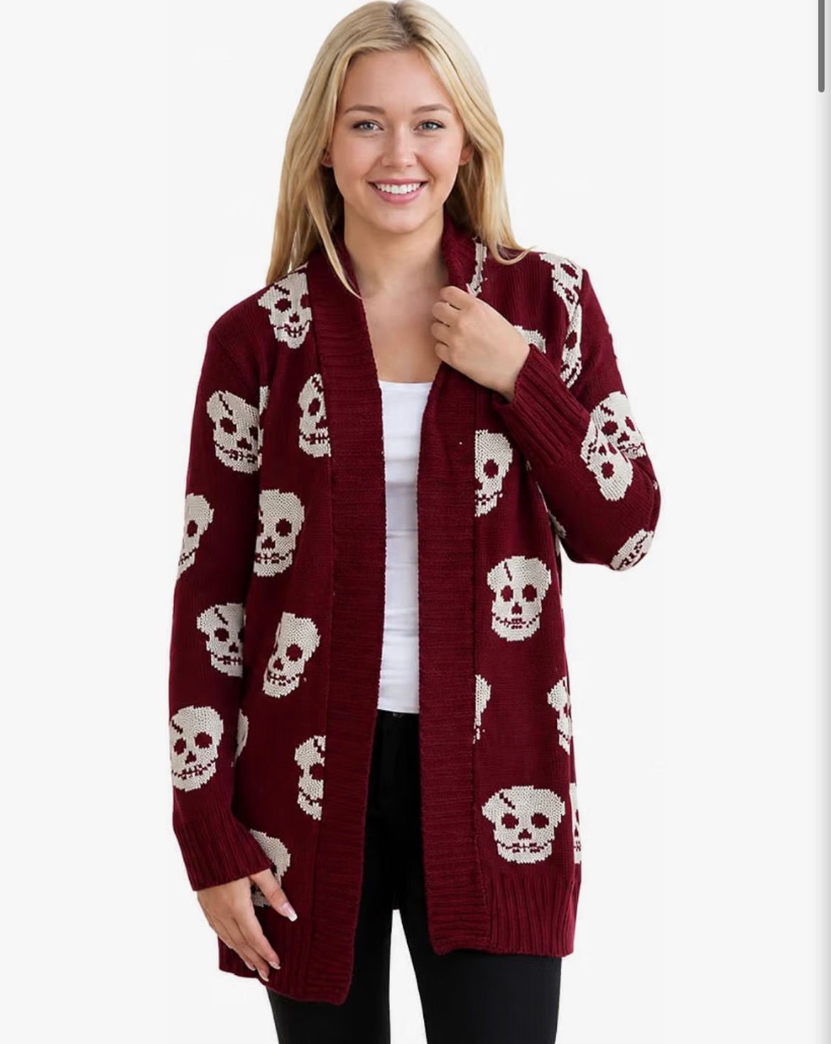Women's Wine Skull Print Knitted Cardigan