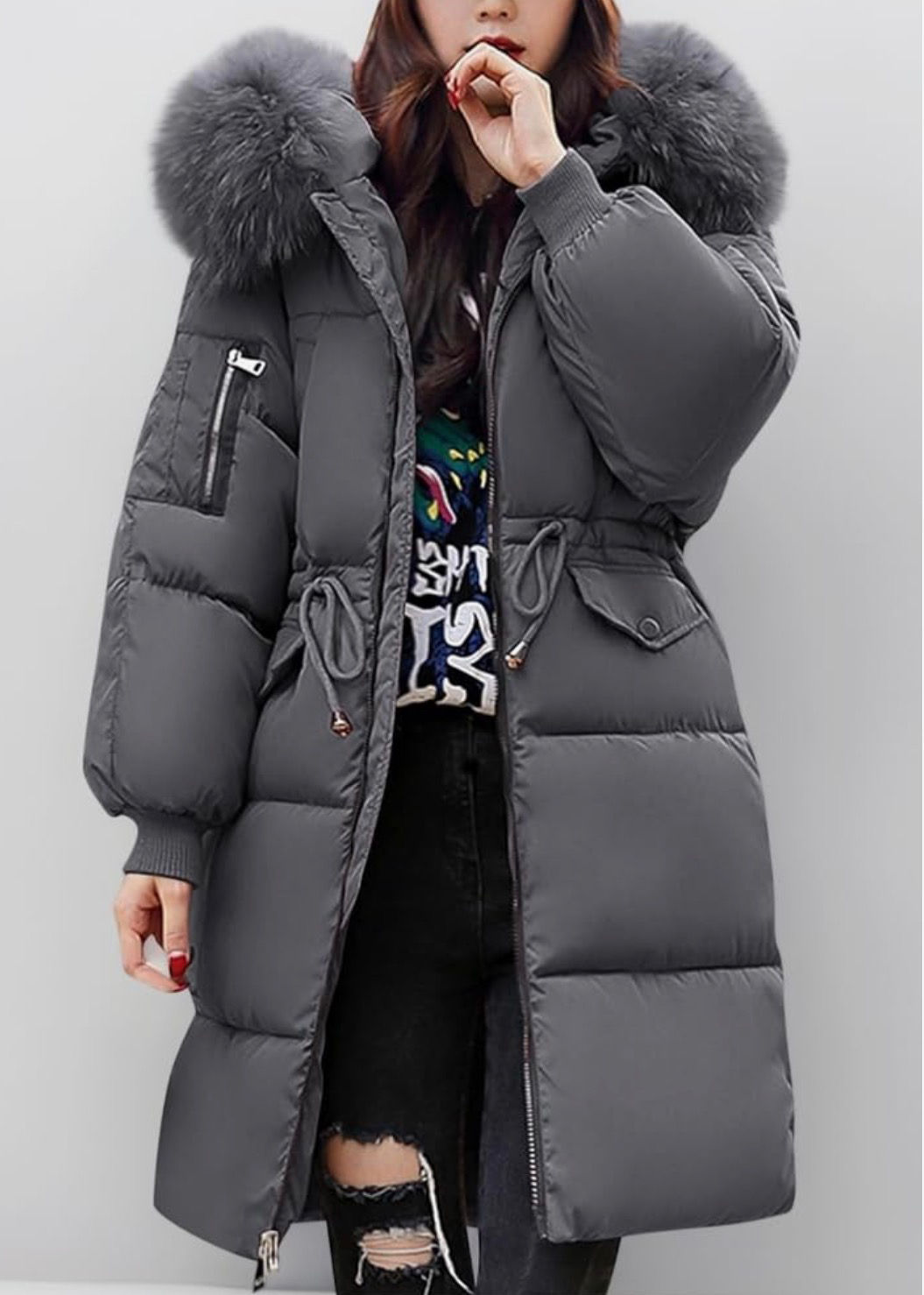 Women’s Grey Fur Hooded Puffer Coat