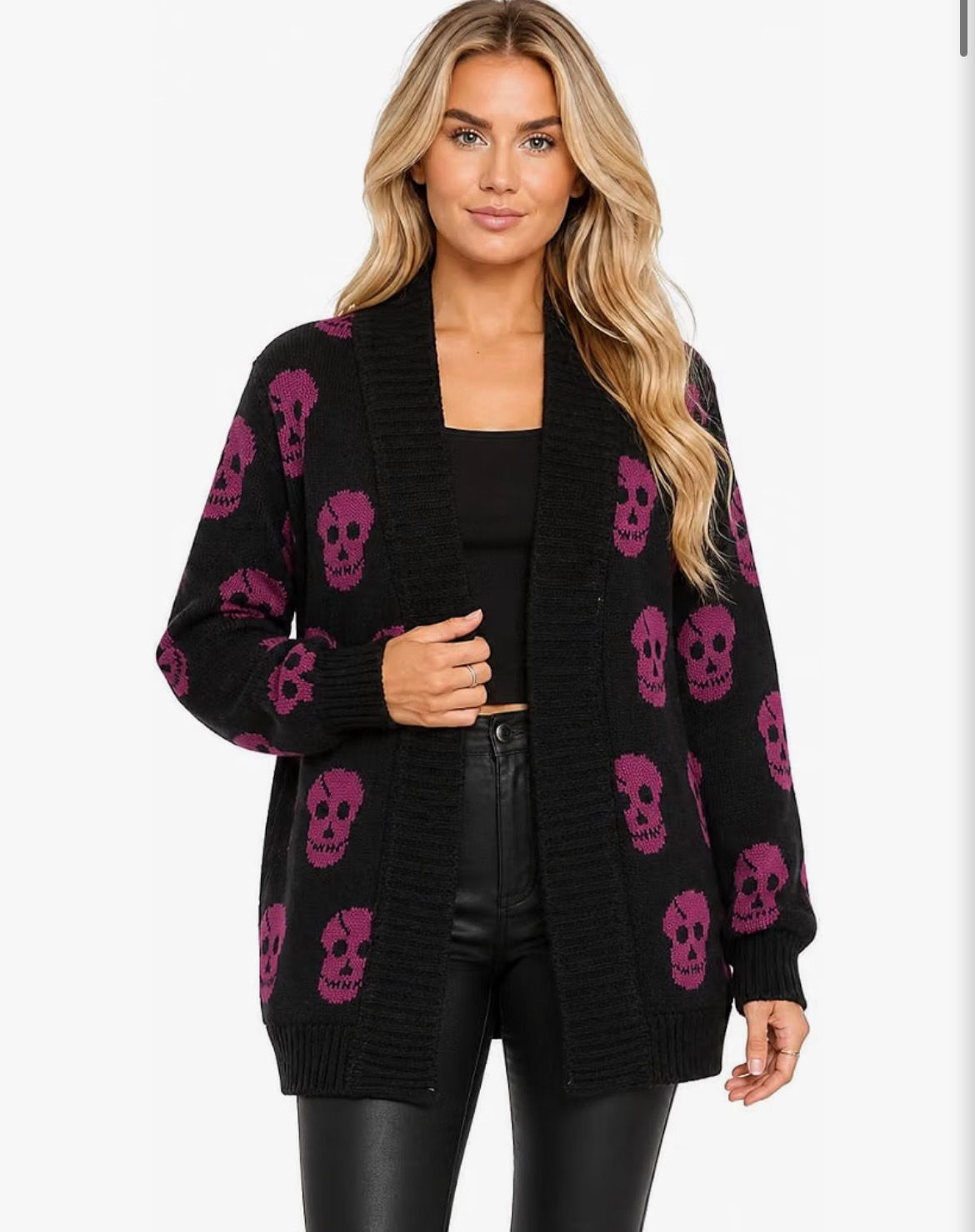 Women's Fuchsia Skull Print Knitted Cardigan