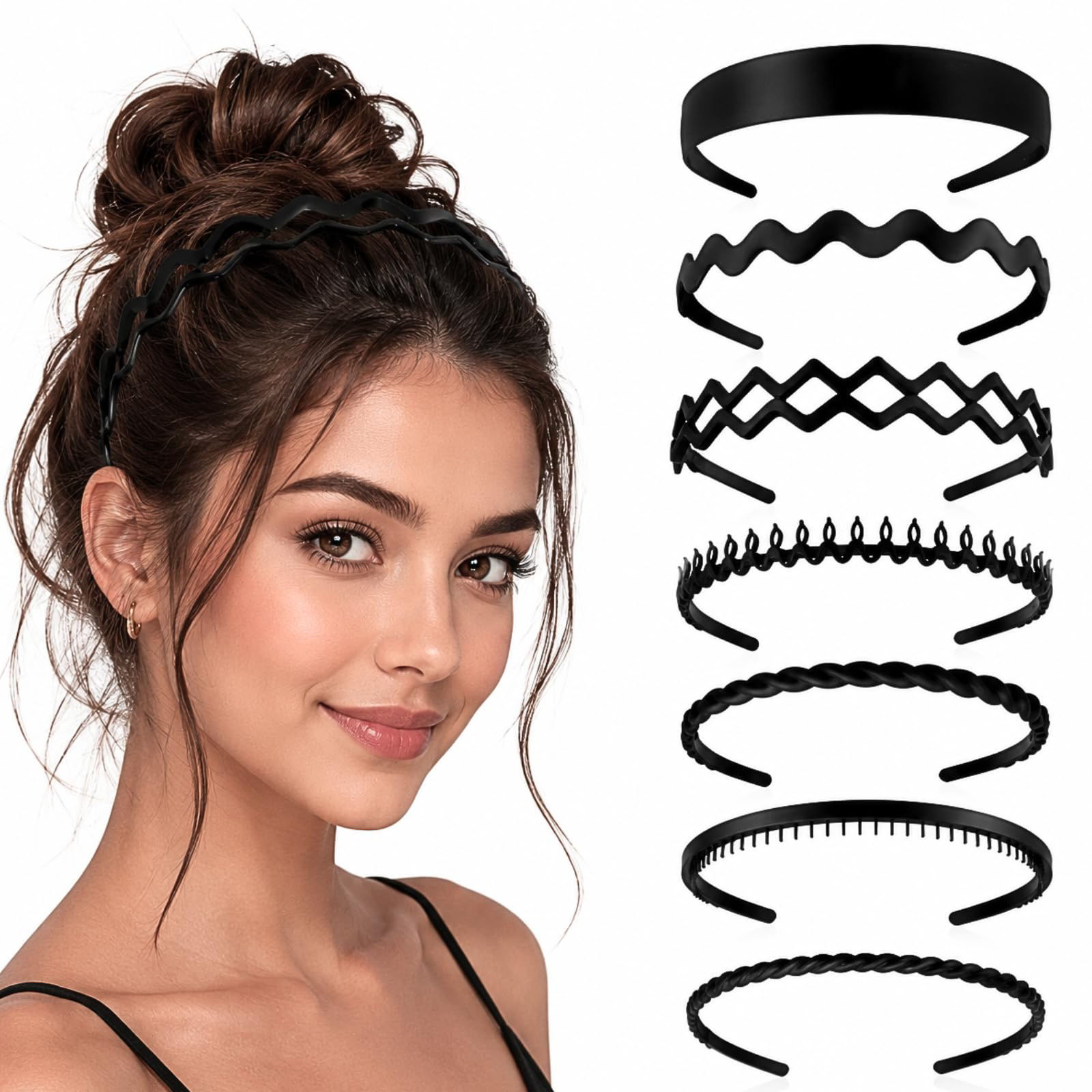 7 Pcs Black Matte Headbands Set – Mixed Styles