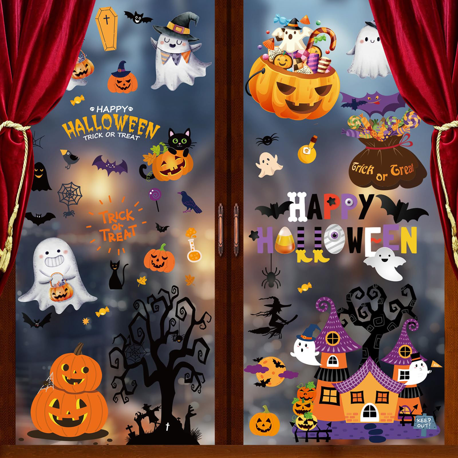Halloween Pumpkin Window Stickers – 9 Sheet Reusable Set