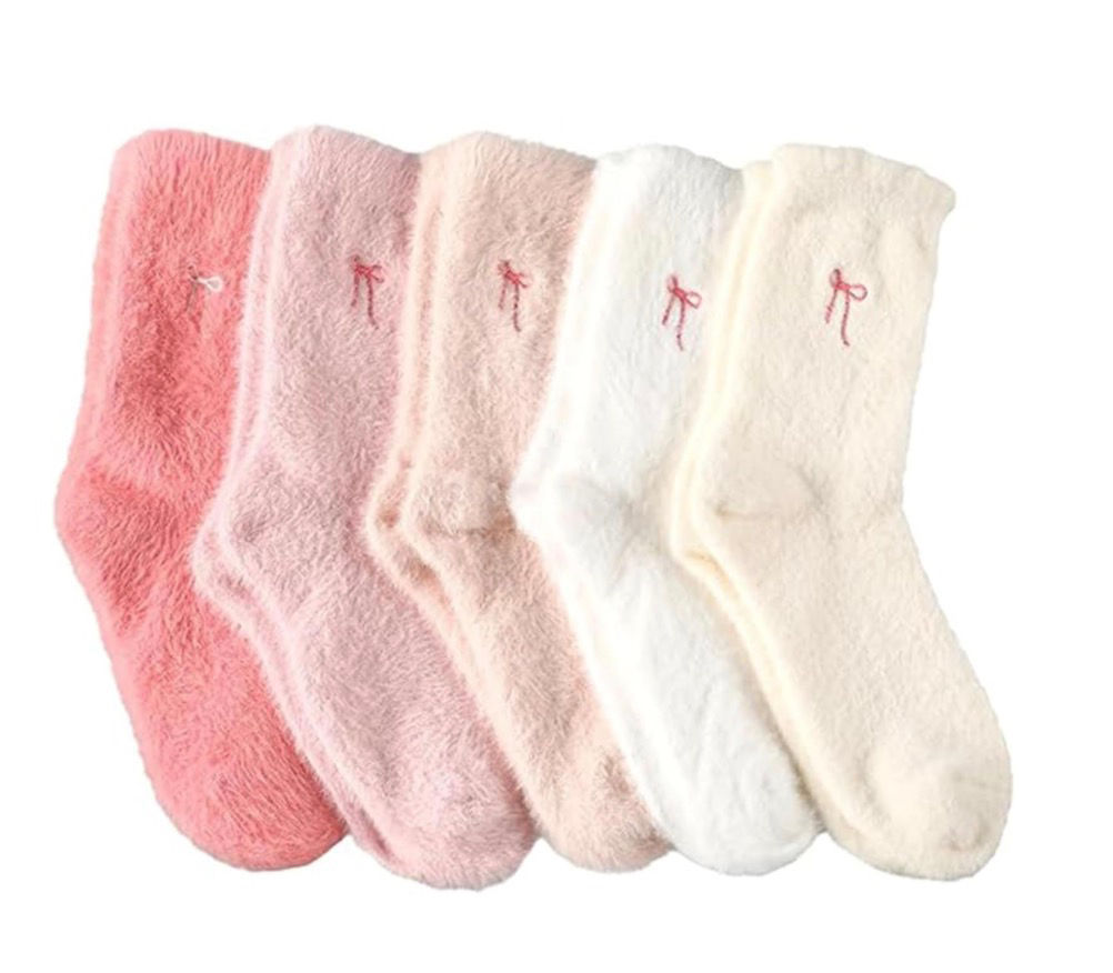 Ladies’ Fluffy Bow Cosy Socks – 5 Pair Warm Winter Lounge & Bed Sock Set