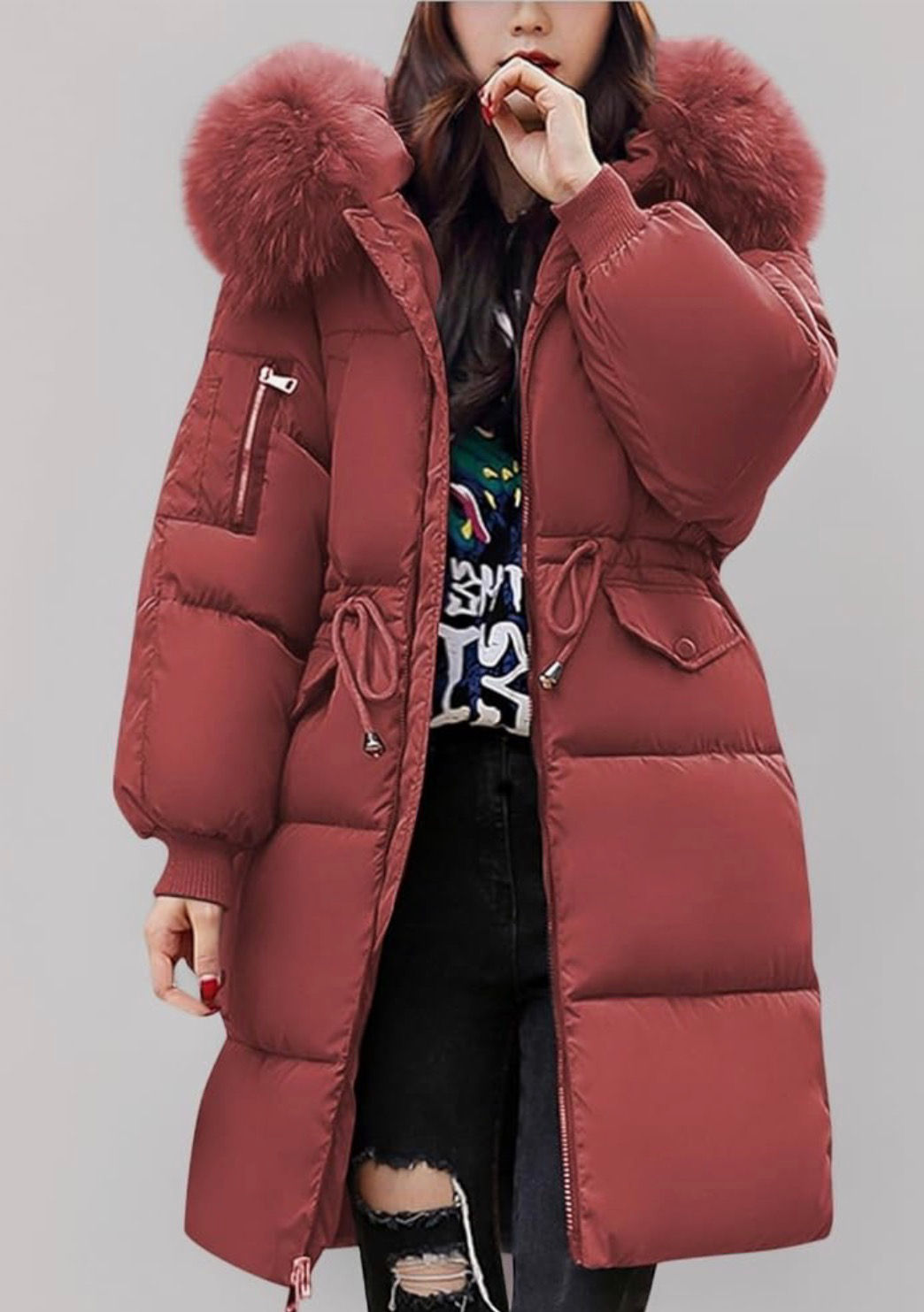 Women’s Beauty Red Fur Hooded Puffer Coat