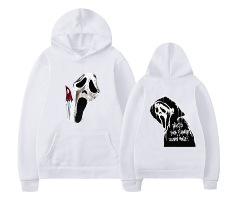 White Scream Character Pattern Hoodie – Halloween Winter Sweatshirt