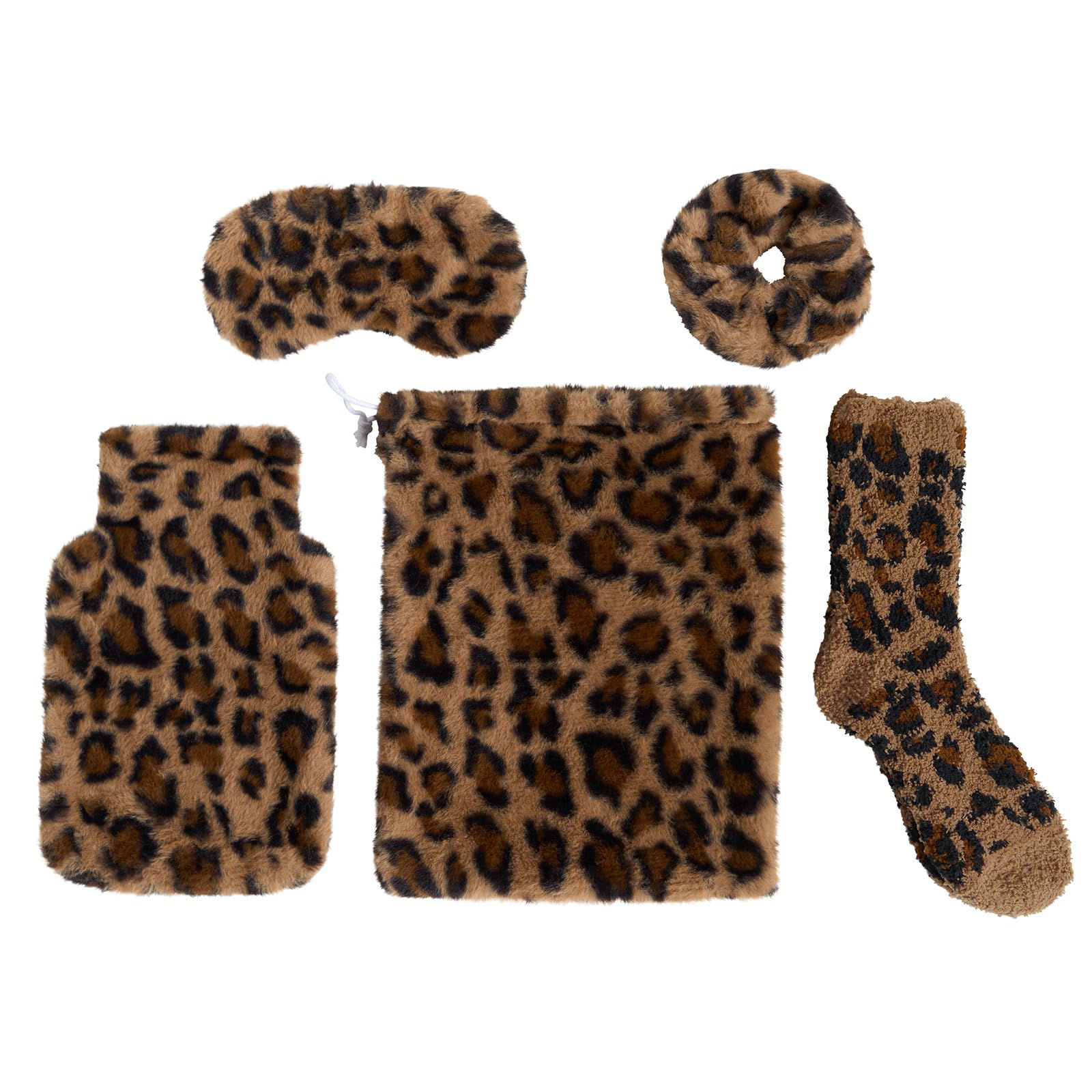 Leopard Print Hot Water Bottle Gift Set – 5 Piece Cosy Winter Set