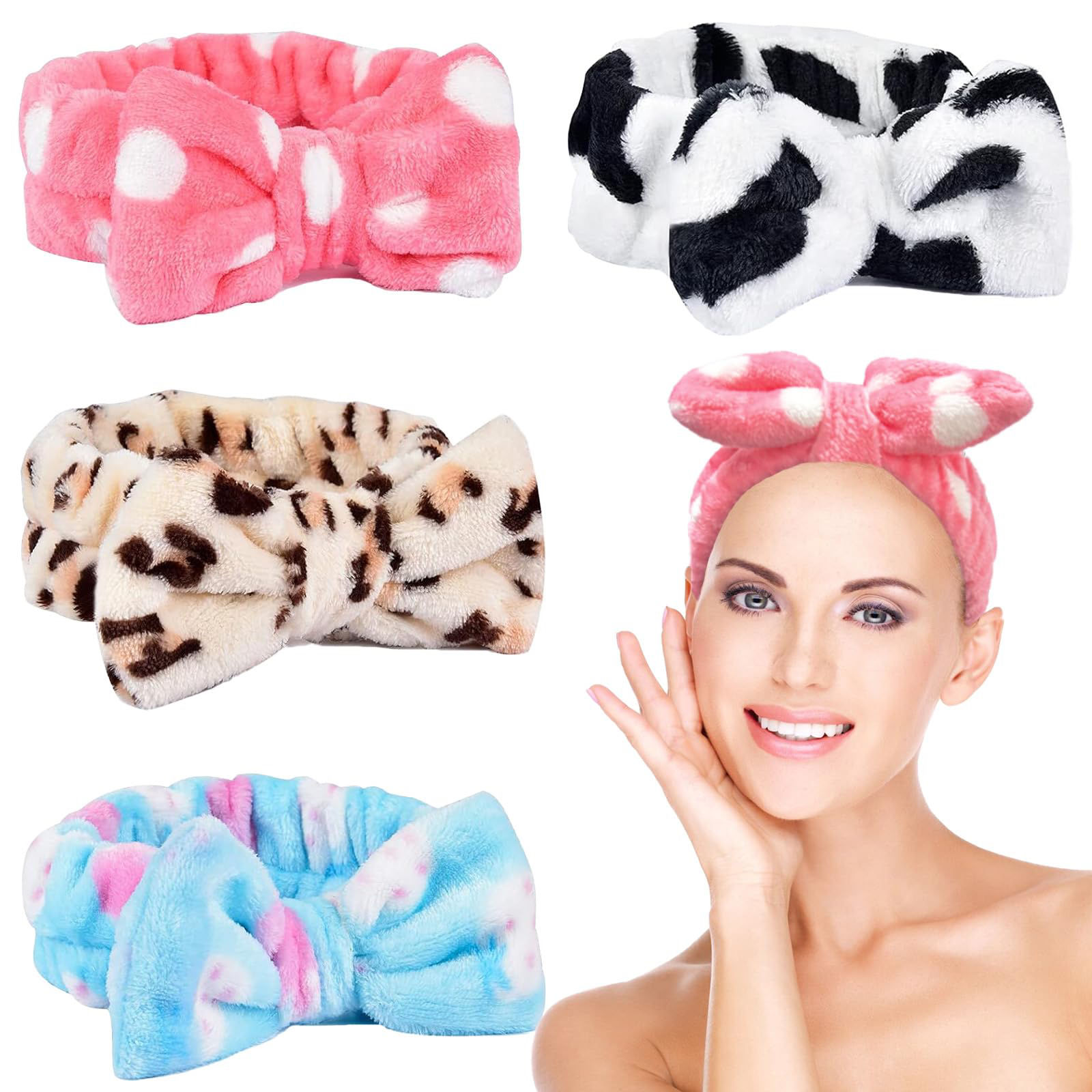 4 Pcs Spa Headbands with Bow – Soft Skincare & Makeup Hair Bands