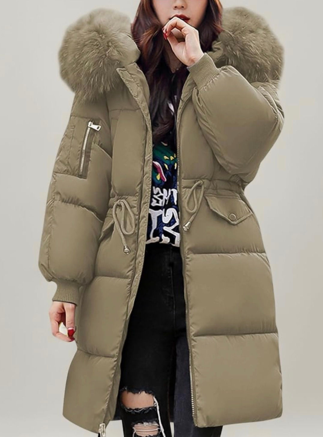 Women’s Khaki Fur Hooded Puffer Coat