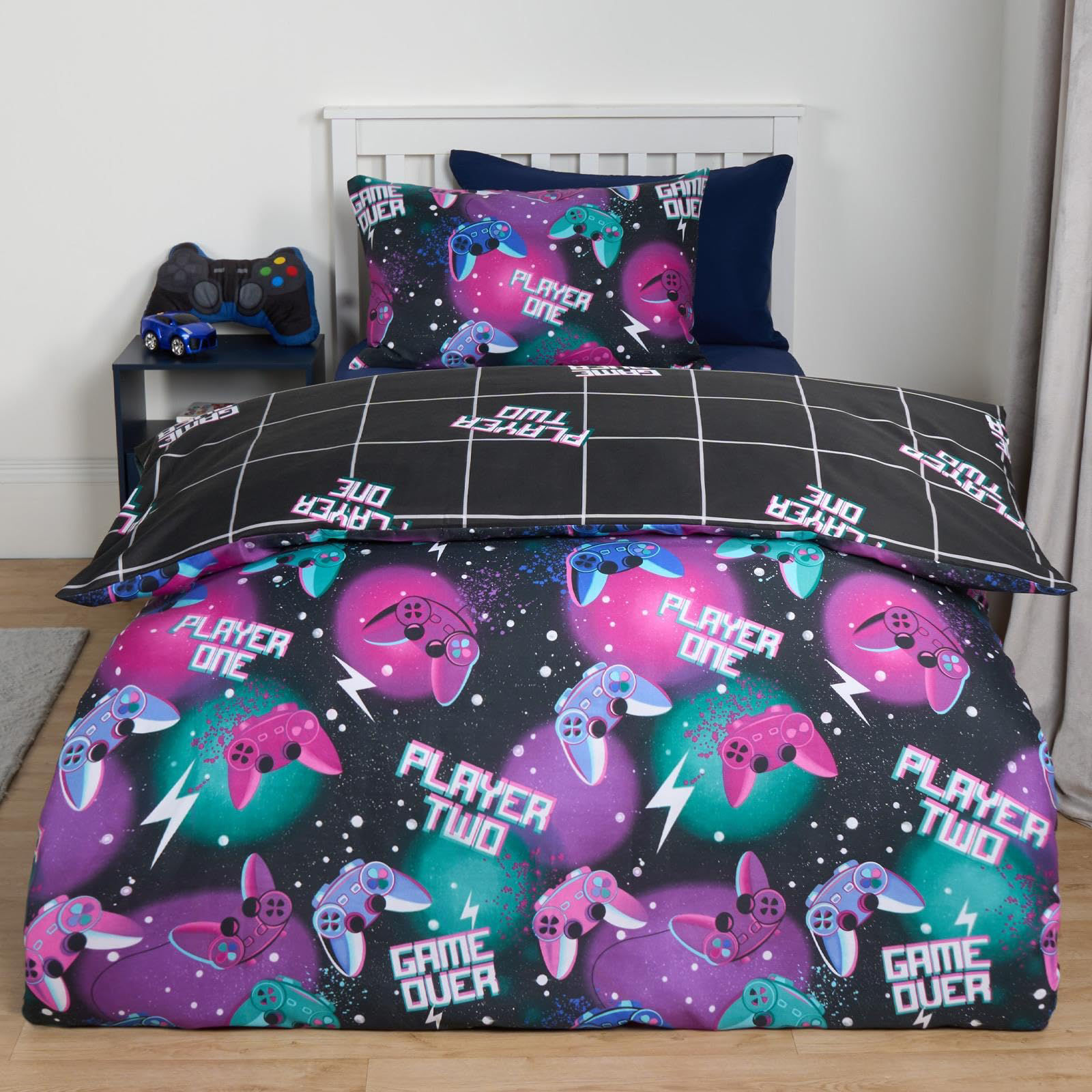 Neon Gaming Single Duvet Cover Set – Reversible Black Bedding with Pillowcase