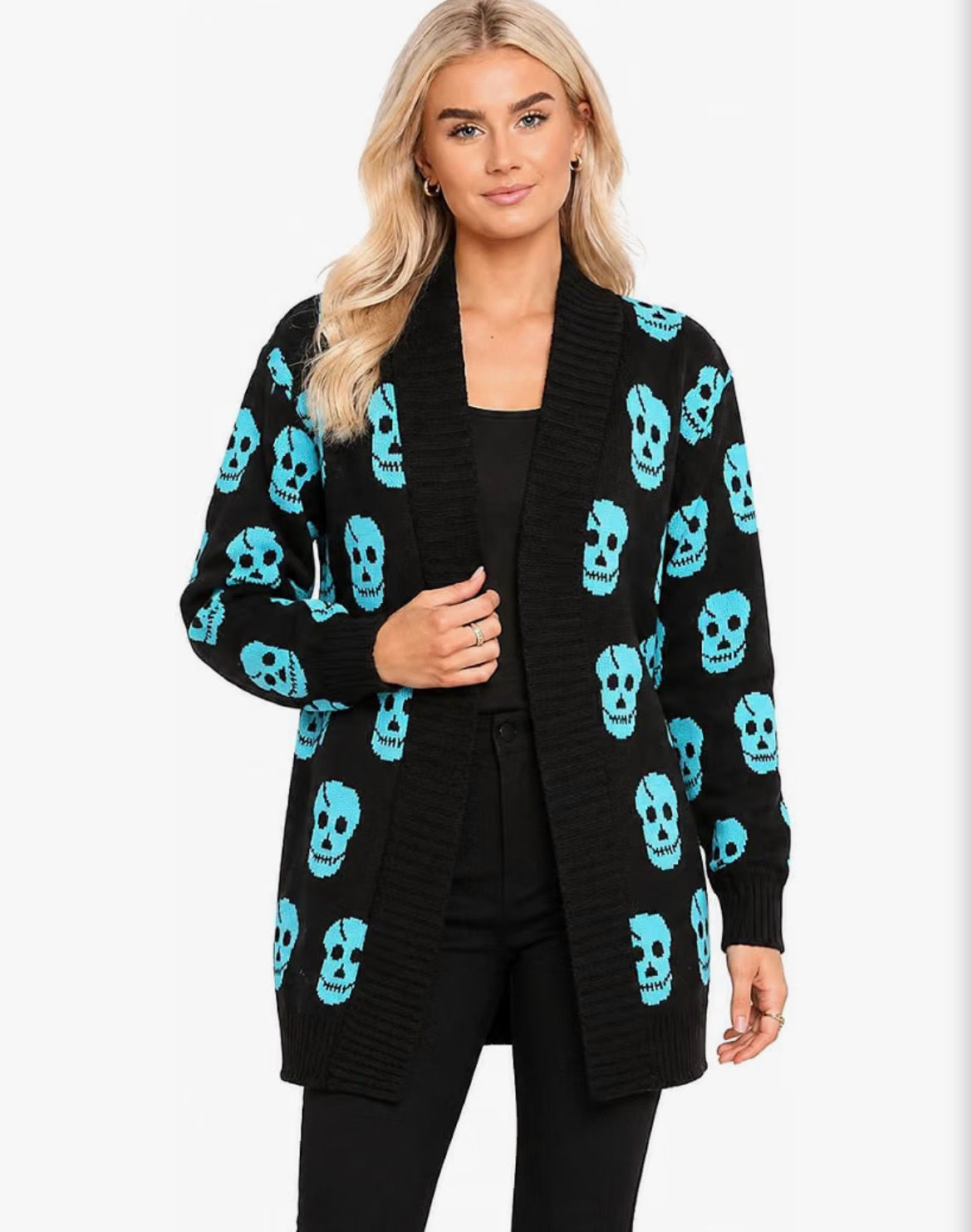 Women's Turquoise Skull Print Knitted Cardigan
