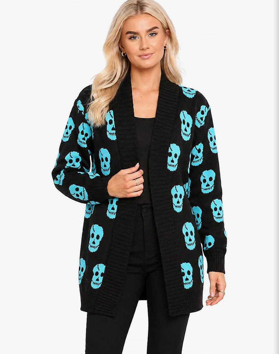Thumbnail: Women's Turquoise Skull Print Knitted Cardigan