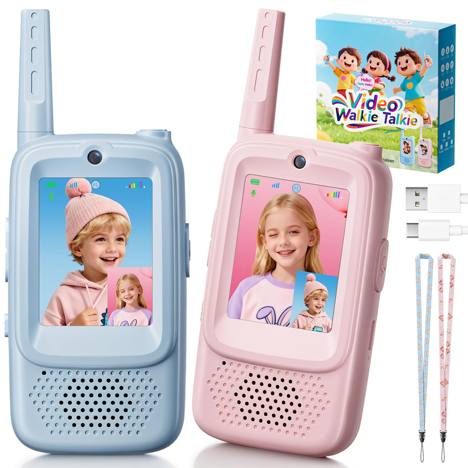 Kids Video Walkie Talkies 2 Pack Rechargeable with Voice Changer, Video Calling