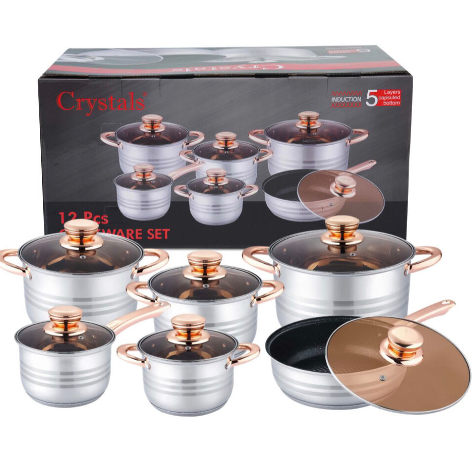 12 Piece Stainless Steel Cookware Set – Induction Compatible Casserole Pots & Sa