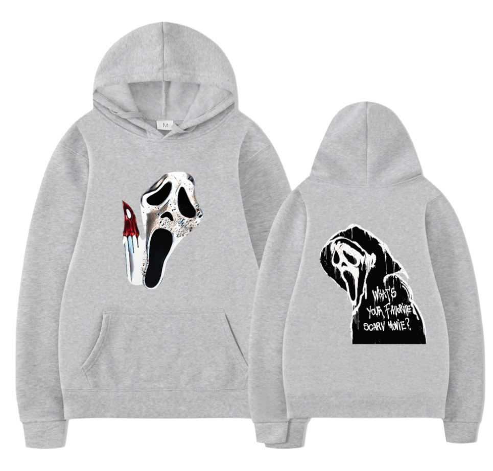 Grey Scream Character Pattern Hoodie – Halloween Winter Sweatshirt