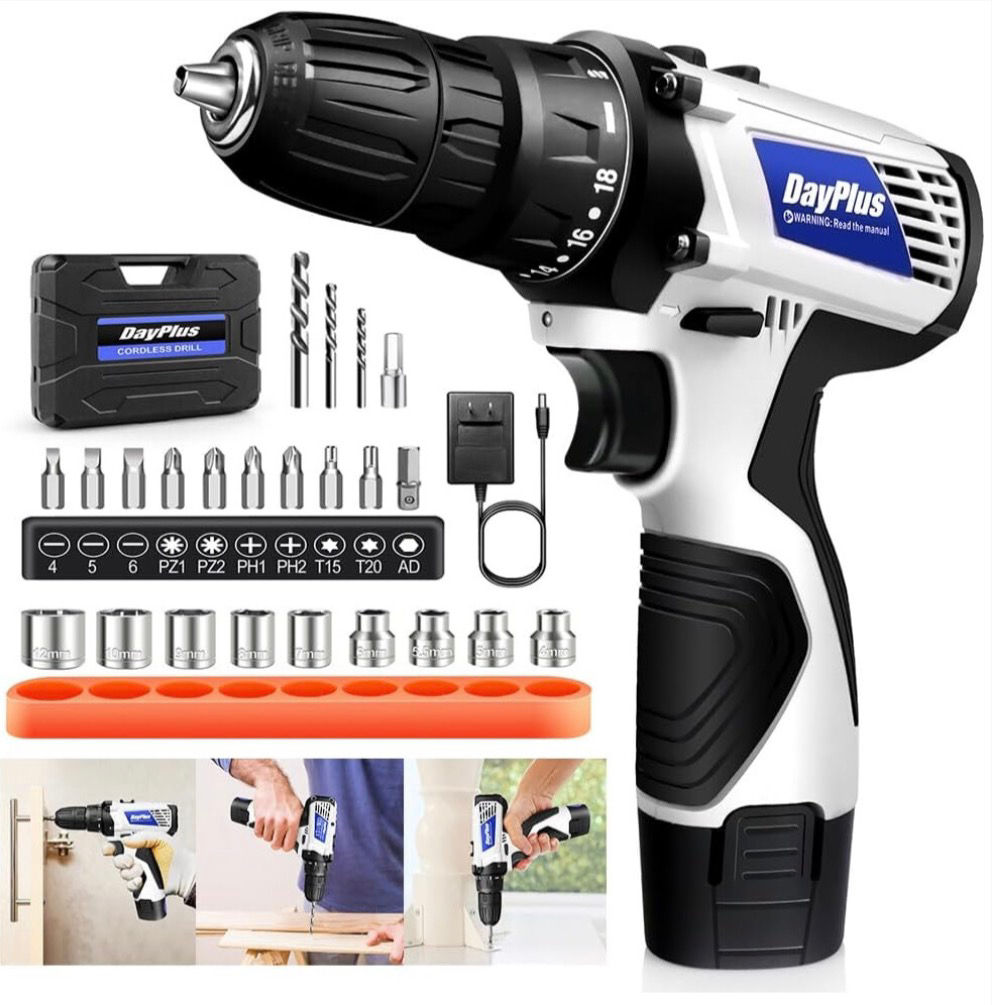 Cordless Drill Driver Set with Battery, Case & 23 Accessories (