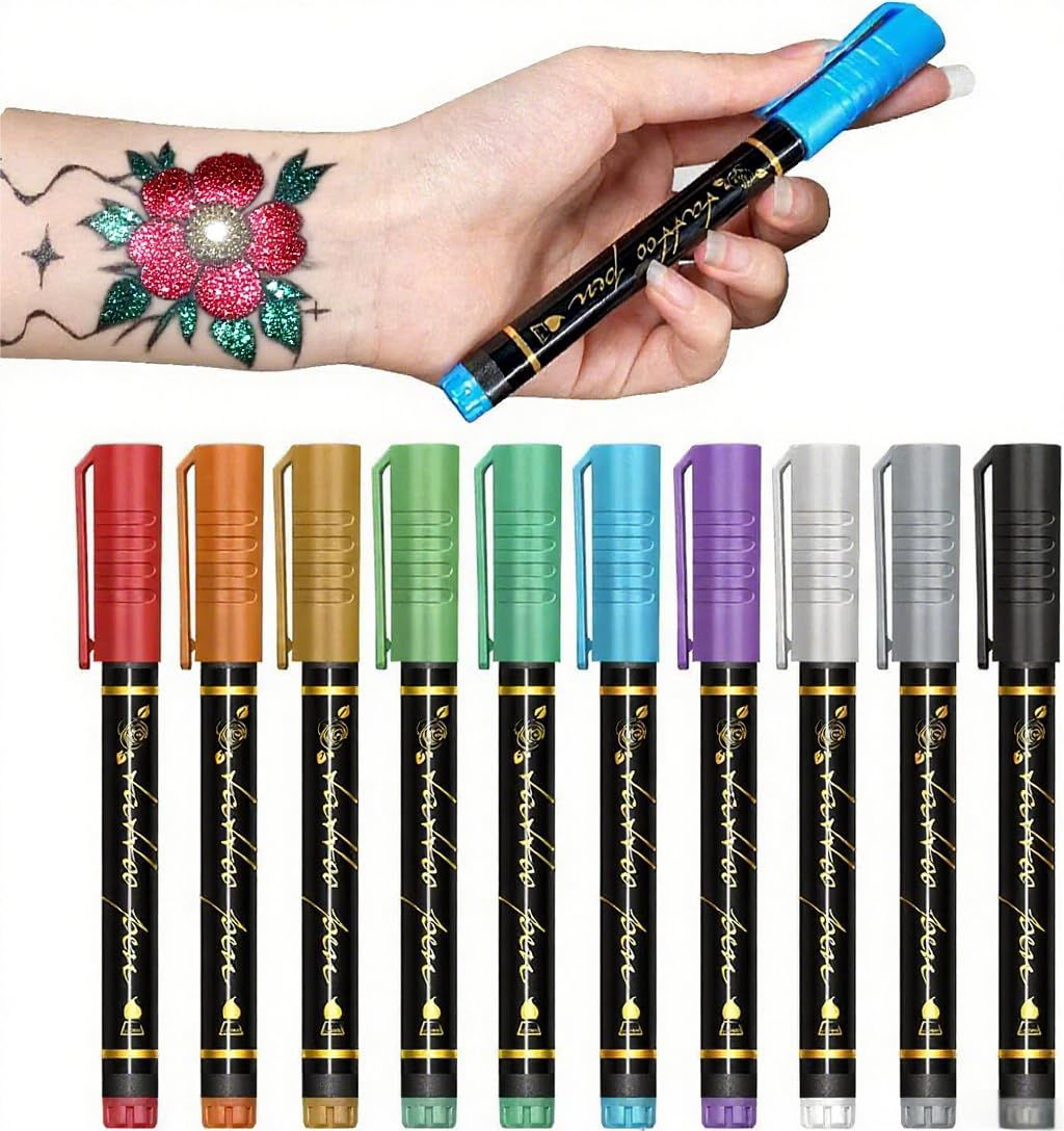 10-Colour Temporary Tattoo Markers – Skin Art Pens for Kids & Adults