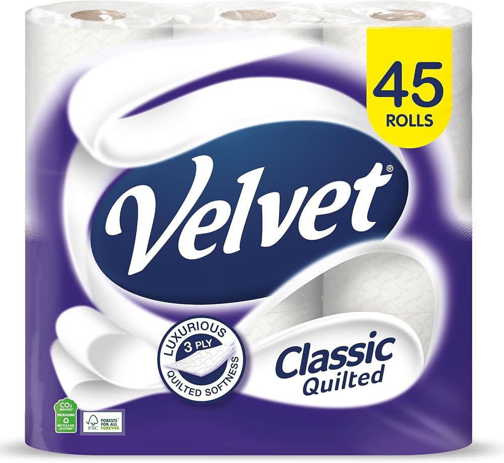 Velvet Classic Quilted Toilet Tissue 45 Rolls 3 Ply White