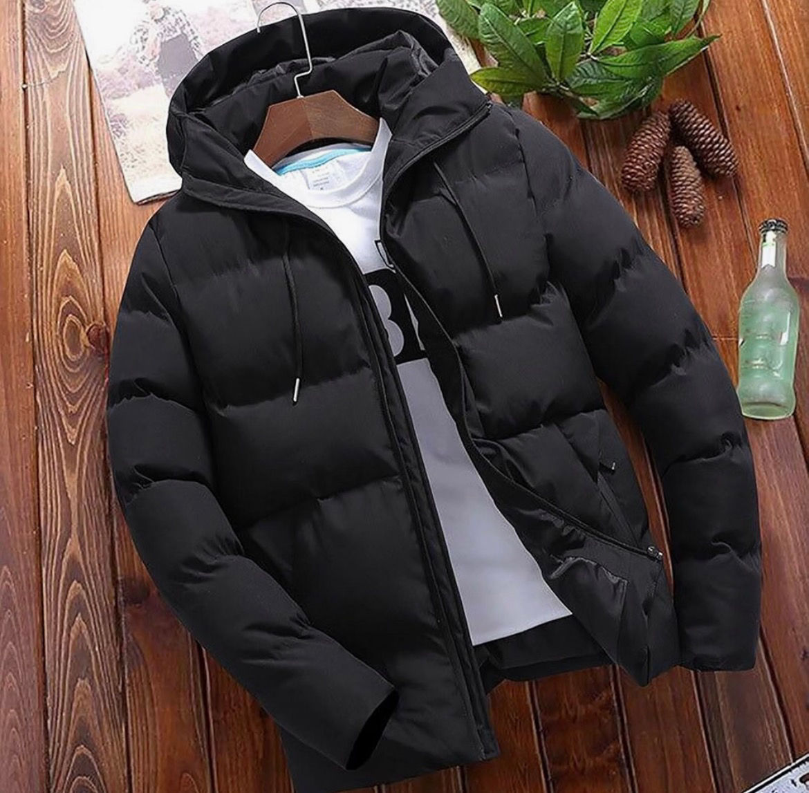 Men’s Black Winter Puffer Jacket – Warm Hooded Outdoor Coat