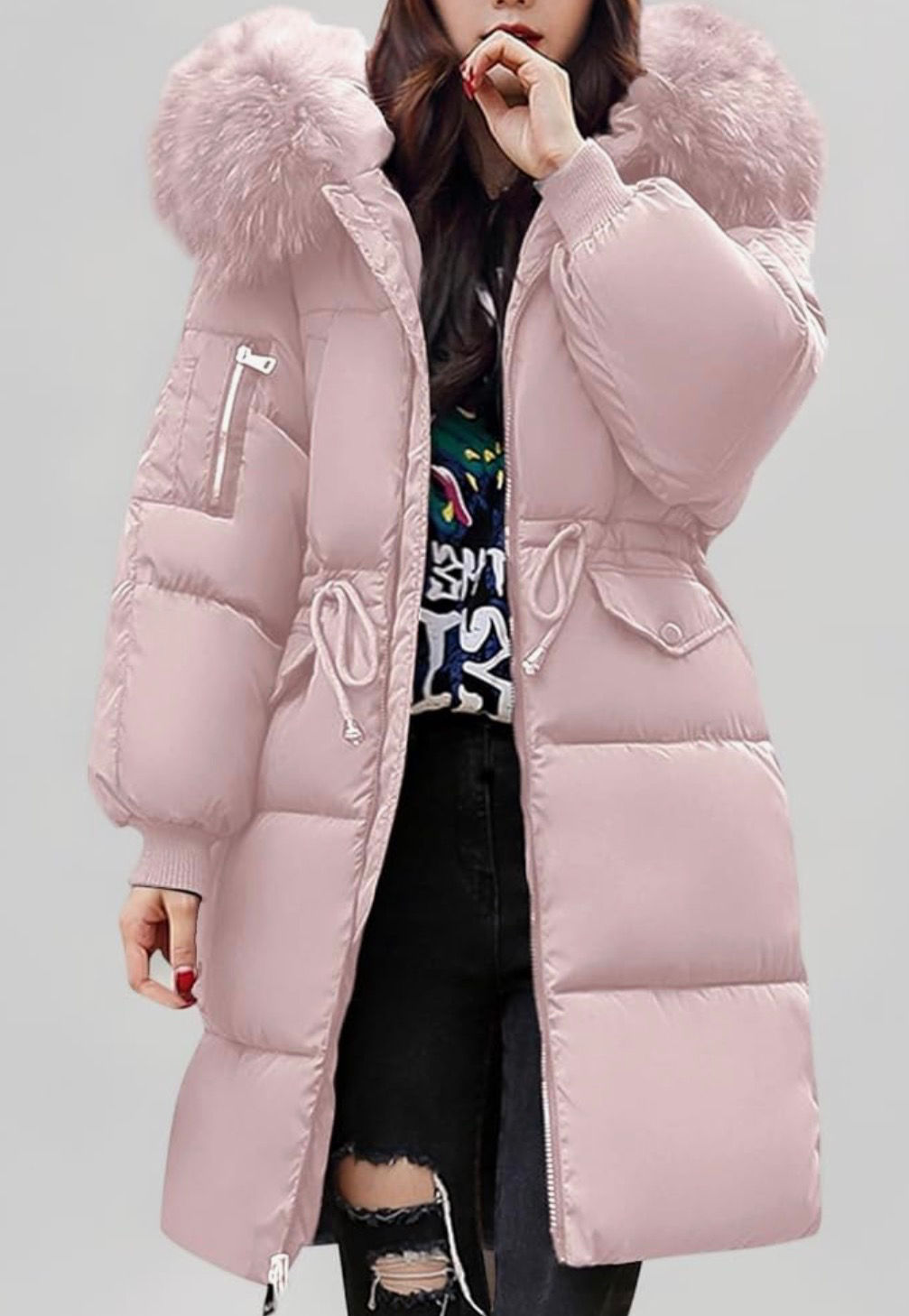 Women’s Pink Fur Hooded Puffer Coat