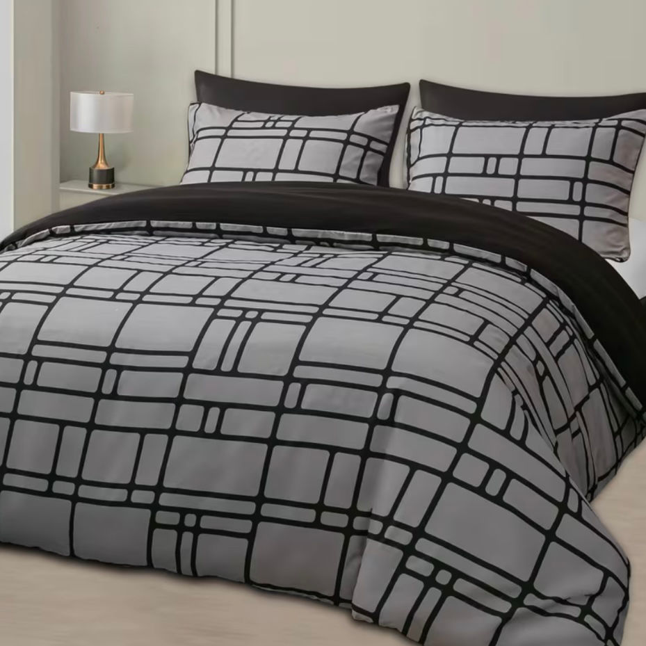 Reversible Brick Pattern Duvet Cover Set – Grey & Black