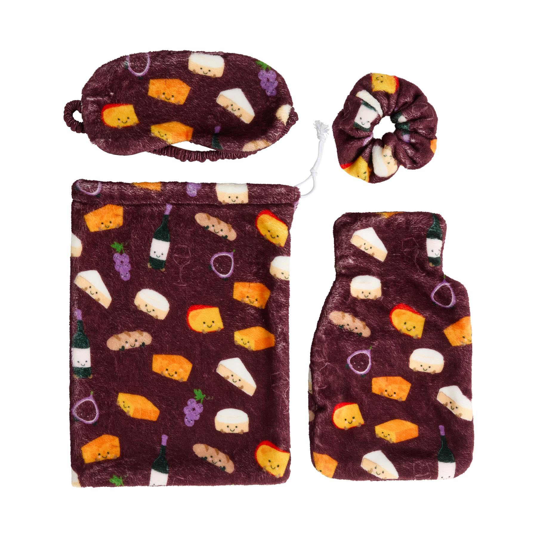 Burgundy Cheese & Wine Hot Water Bottle Gift Set – 5 Piece Cosy Winter Set