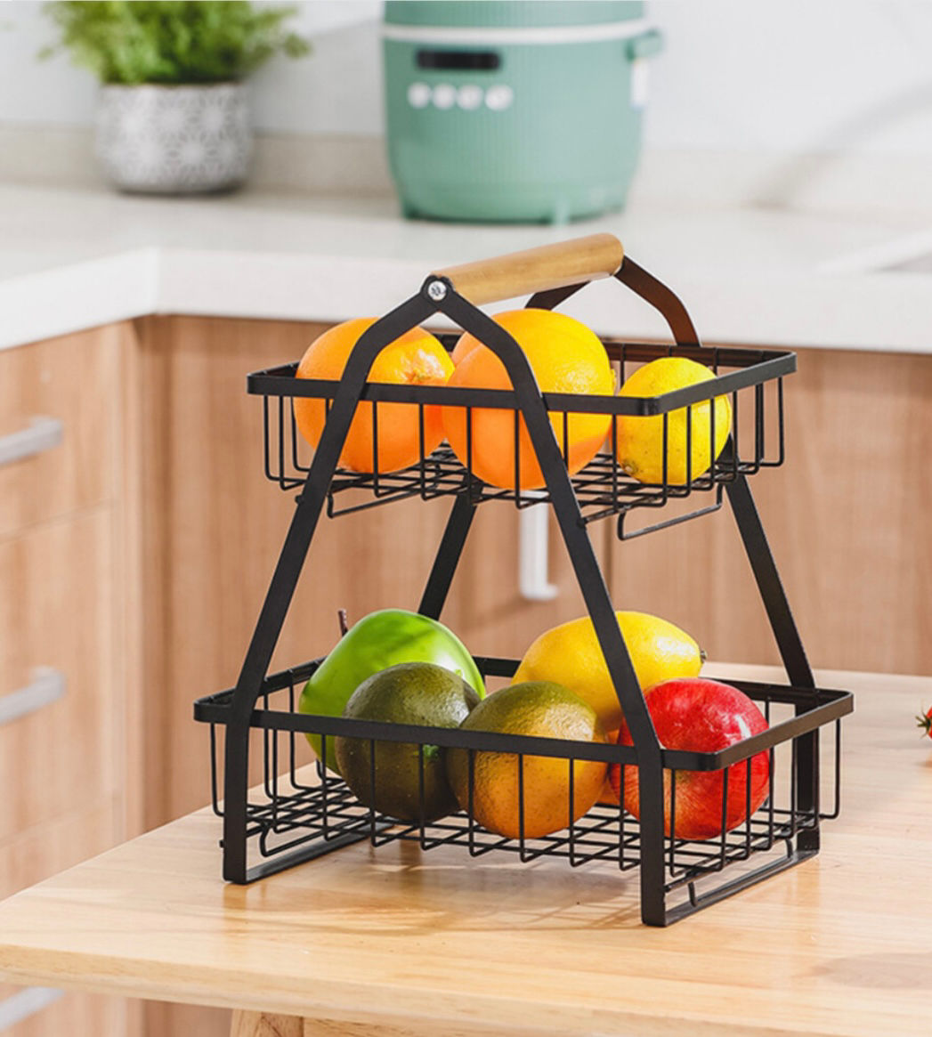 Metal Fruit & Vegetable Storage Basket with Wooden Handle