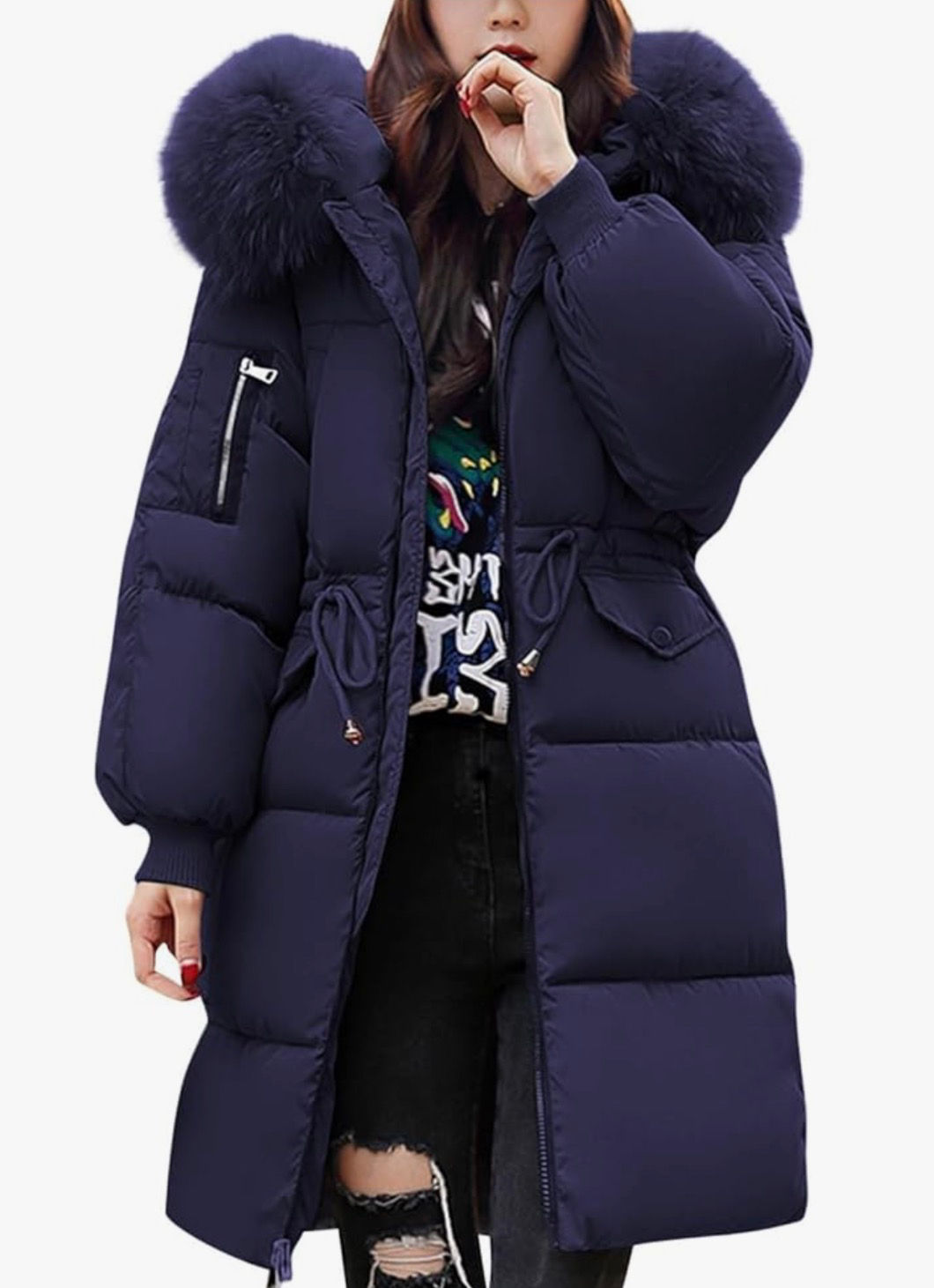 Women’s Navy Fur Hooded Puffer Coat