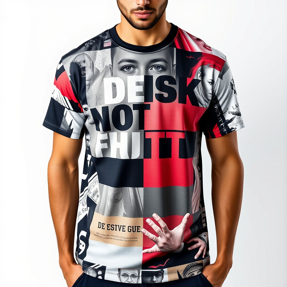 Create a male model with an all over printed t-shirt, with large text and images all over